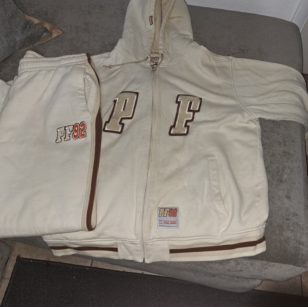 Phat Farm Cream and Brown Hoodie and Sweatpants Set